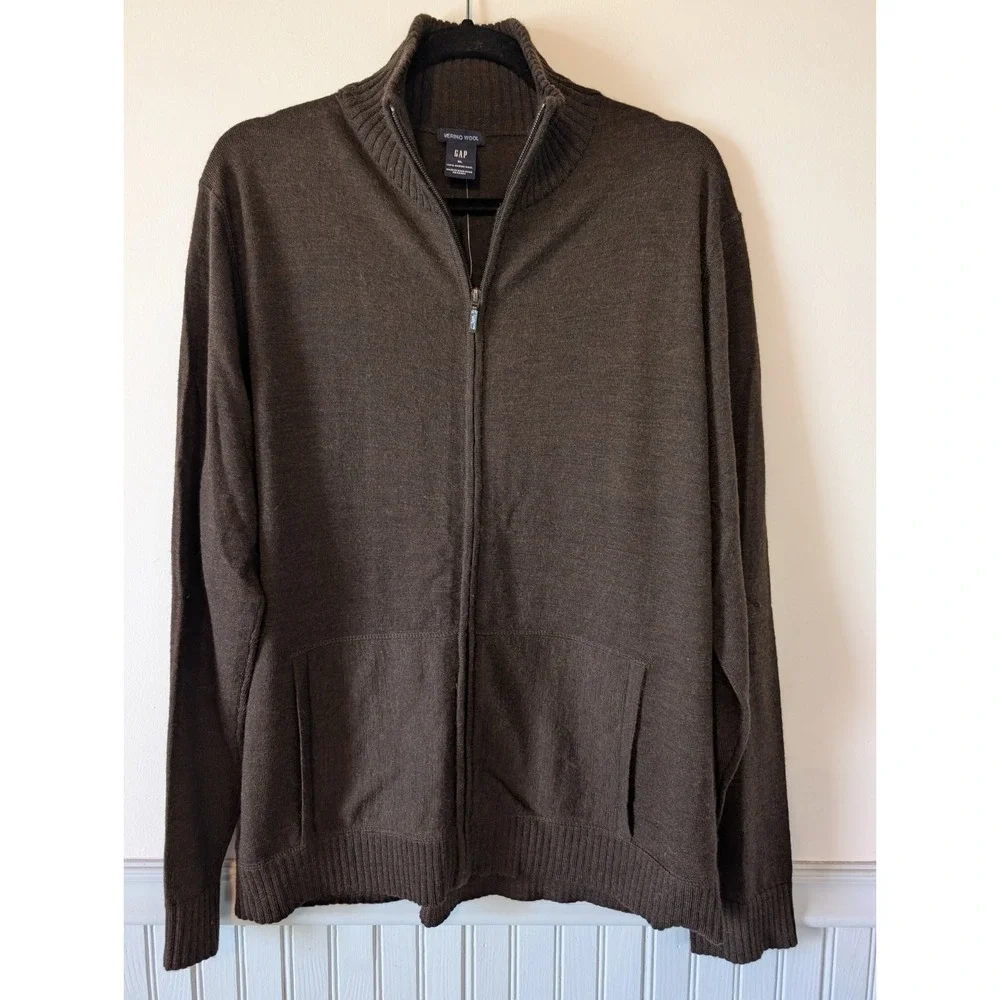 GAP Merino Fine Wool Knit Cardigan Sweater Men XL Brown Full Zip Old Money Prep